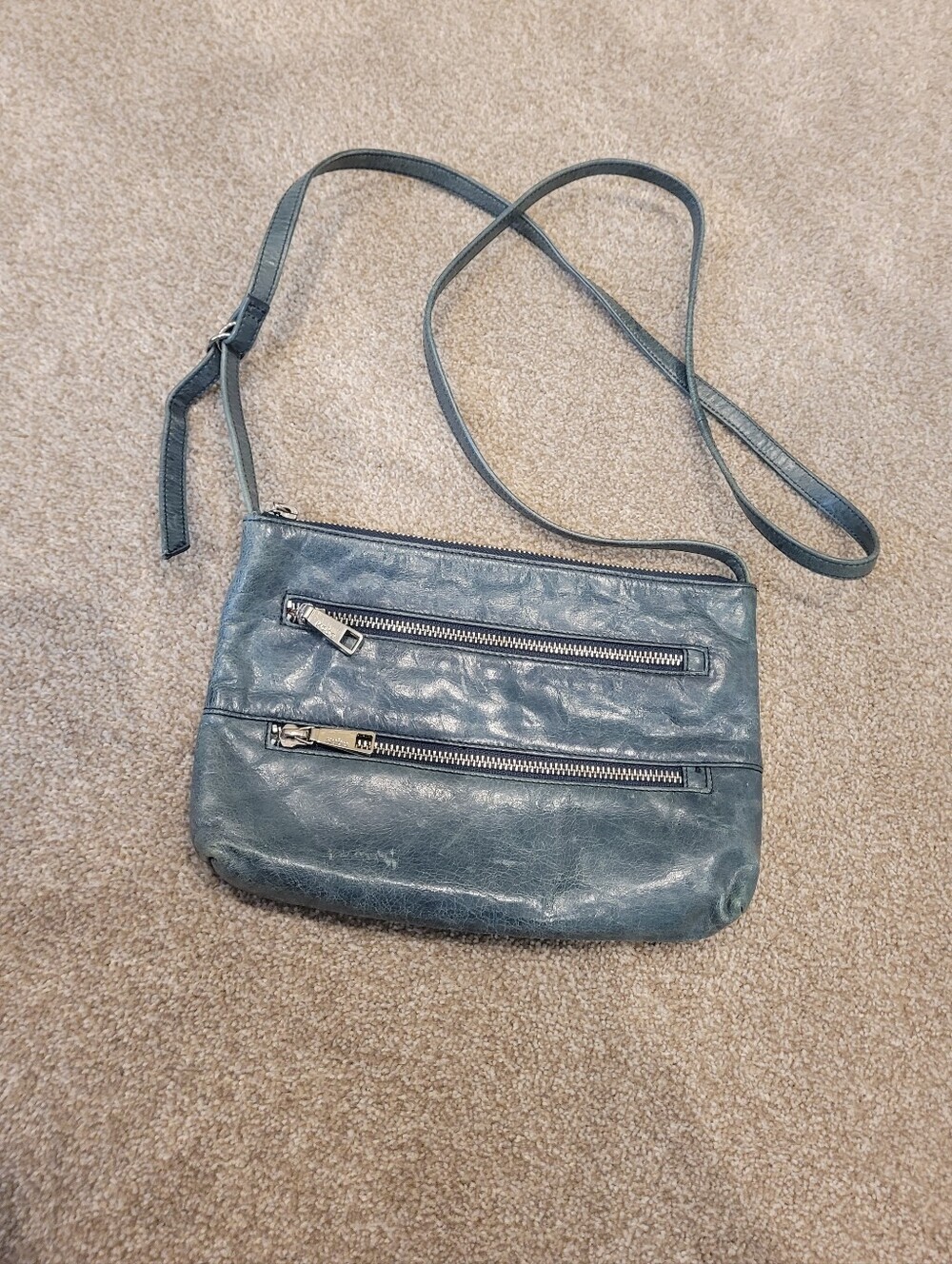 Hobo International blue teal leather triple zipper adjustable crossbody bag